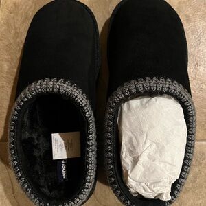 Lands' End Black Suede Slippers with Gray Accents